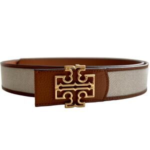 Tory Burch Eleanor Canvas Leather Logo Belt 1.5" Kobicha Tan Size M/L NWOT